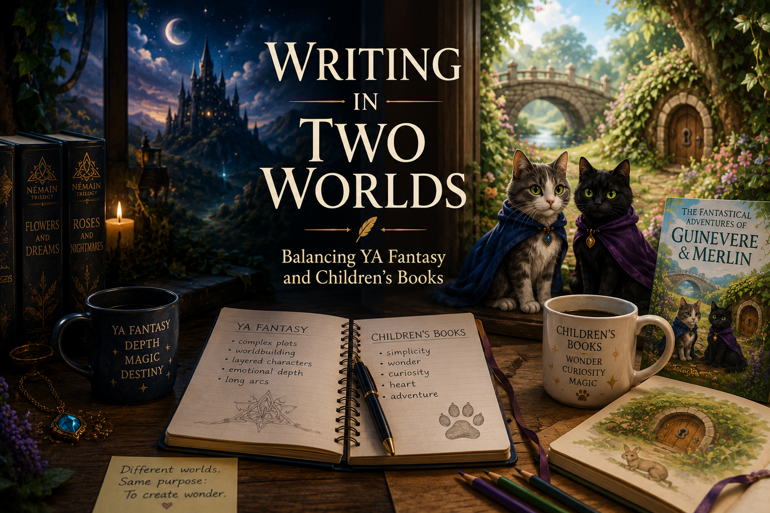 Fantasy-themed author workspace representing the balance between YA fantasy and children’s books, featuring the Némain Trilogy and The Fantastical Adventures of Guinevere & Merlin.
